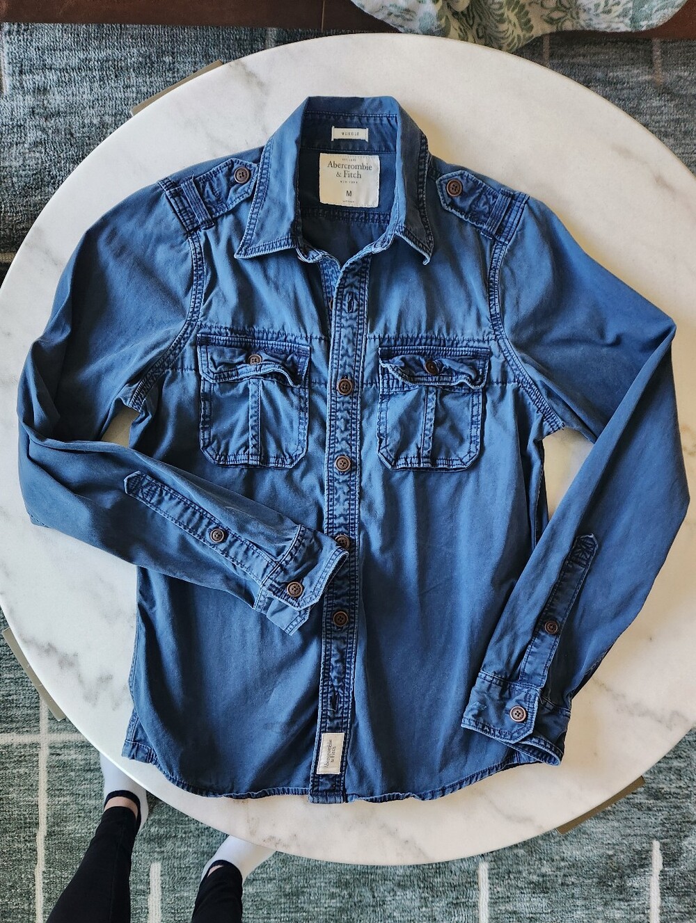 Vintage Y2k Abercrombie And Fitch Navy Button Down Cargo Muscle Shirt Size M